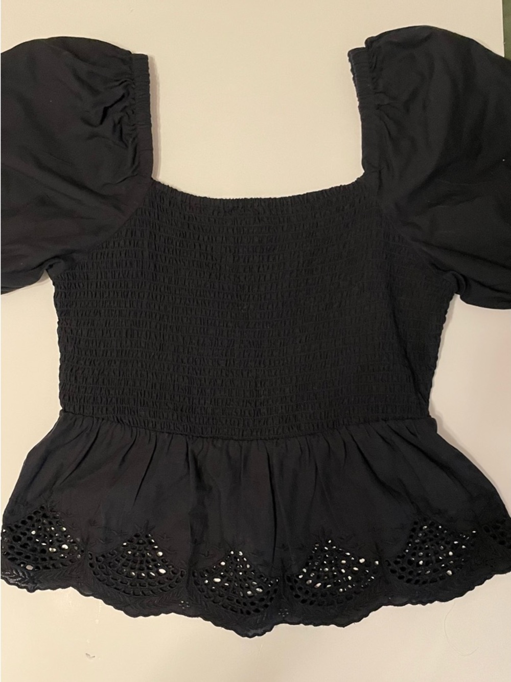 Women's Black Smocked Peplum Top with Puff Sleeves